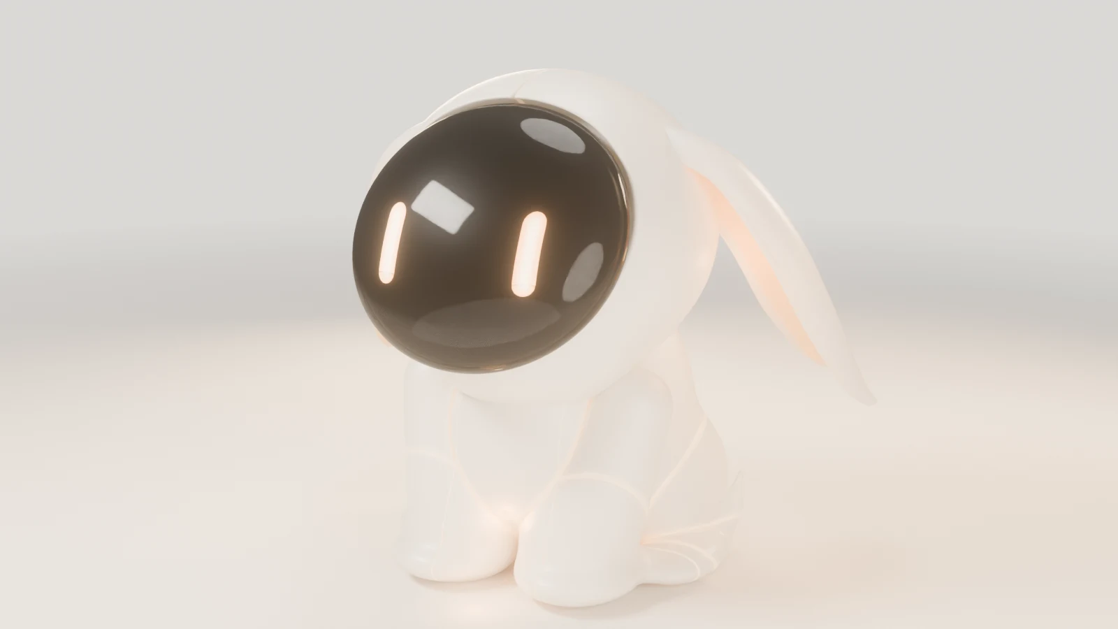 ALPHA seated in warm studio light, with an ivory shell and amber eyes.